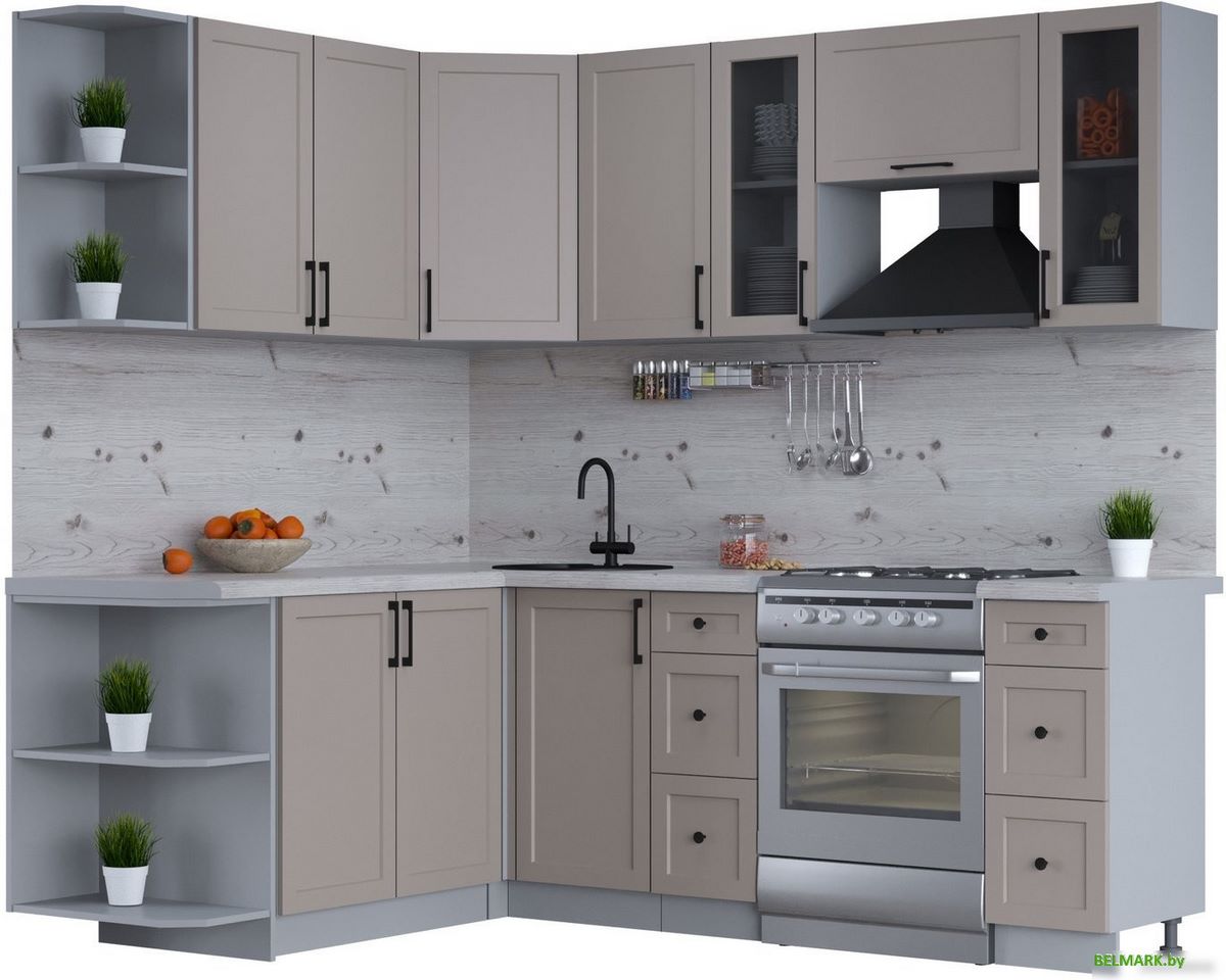 Готовая кухня Интерлиния Тренд 1.7x2.2 левая (луна/луна/бискайская сосна) - фото