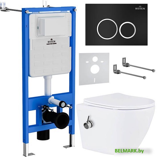 Унитаз подвесной Roxen Antares Bidet в комплекте с инсталляцией StounFix Dual Fresh 6 в 1 906342 (кнопка: черный матовый) - фото