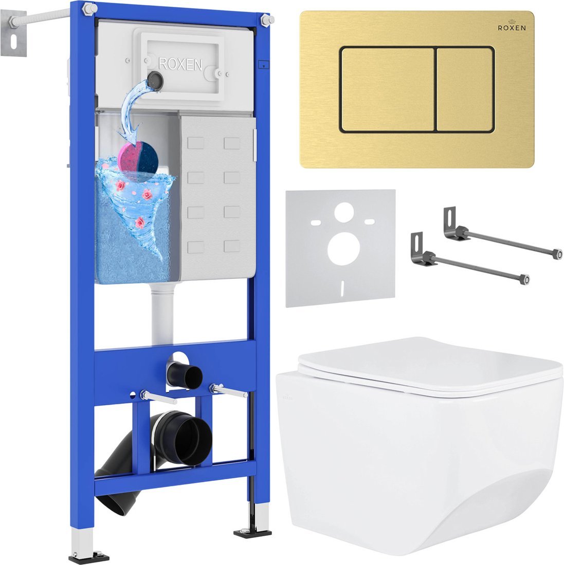 Унитаз подвесной Roxen Boro в комплекте с инсталляцией StounFix Dual Fresh 6 в 1 968466 (кнопка: брашированное золото) - фото