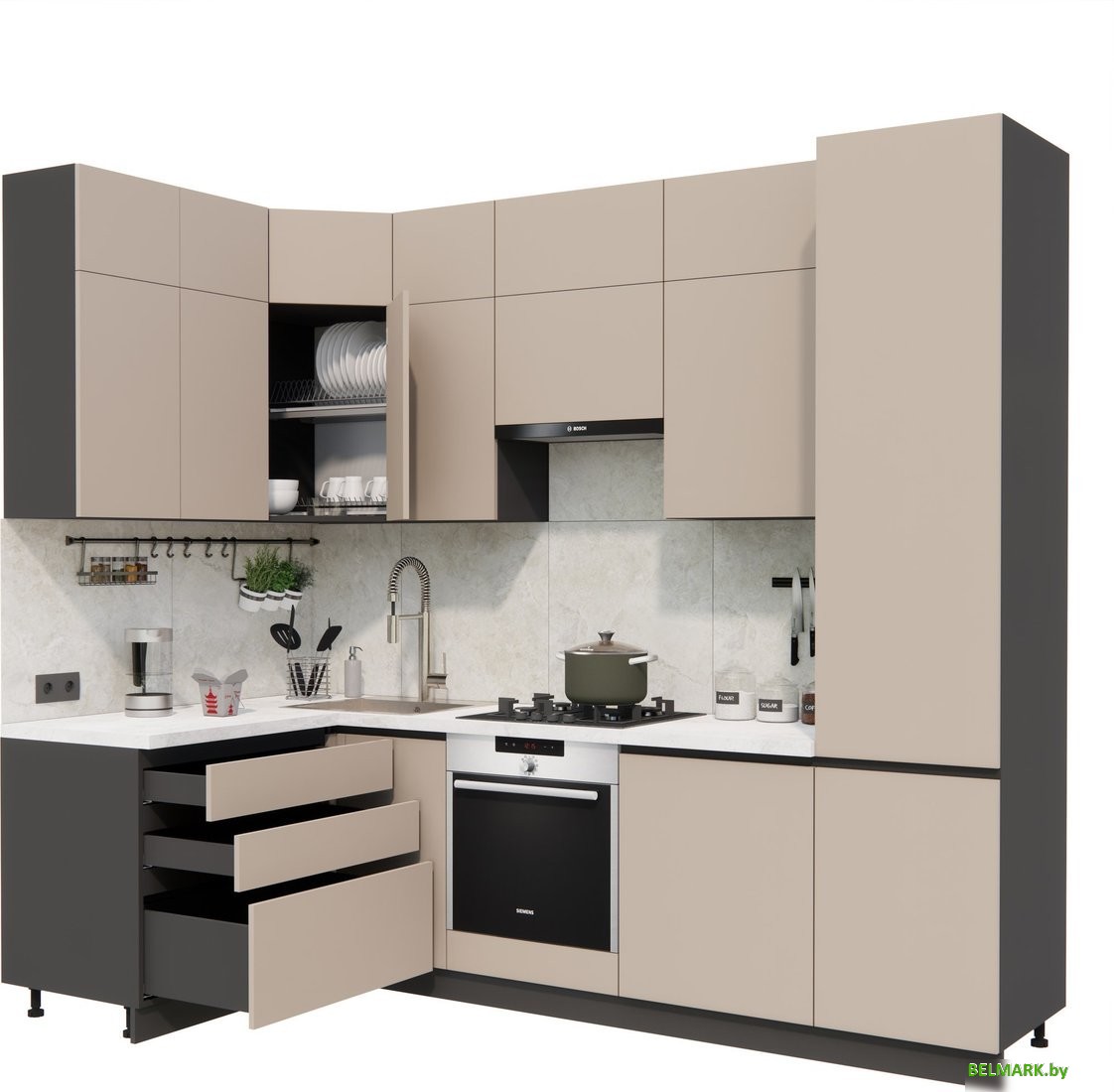 Готовая кухня ВерсоМебель Эко Премиум 1.4x2.7 левая (глиняный серый/ст. мрамор лацио) - фото2