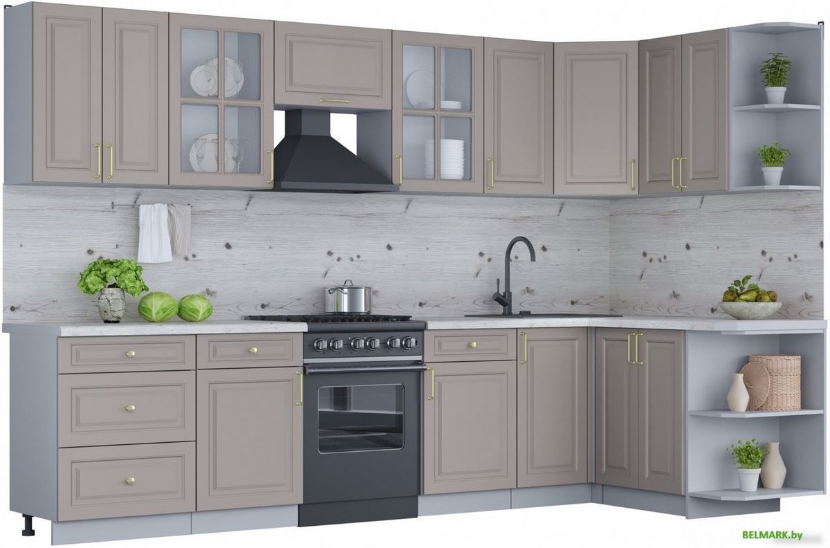 Готовая кухня Интерлиния Мила Шато 1.5x3.2 правая (луна/луна/бискайская сосна) - фото