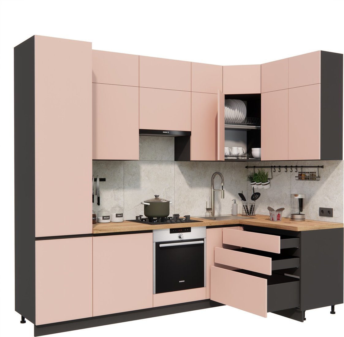 Готовая кухня ВерсоМебель Эко Премиум 1.4x2.7 правая (пудровый/ст. дуб вотан) - фото2