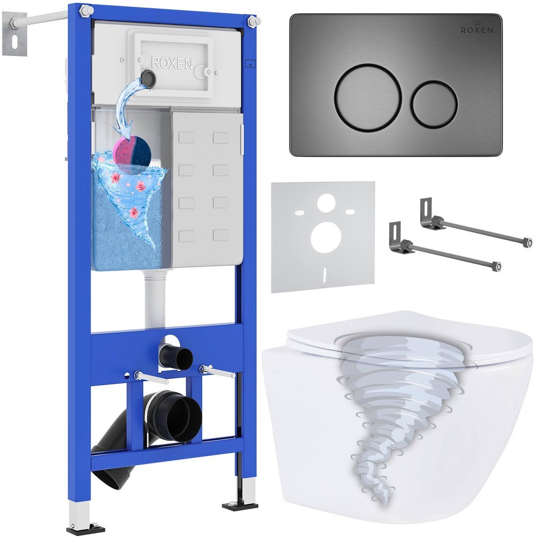 Унитаз подвесной Roxen Antares Tornado в комплекте с инсталляцией StounFix Dual Fresh 6 в 1 968390 (кнопка: оружейная сталь) - фото