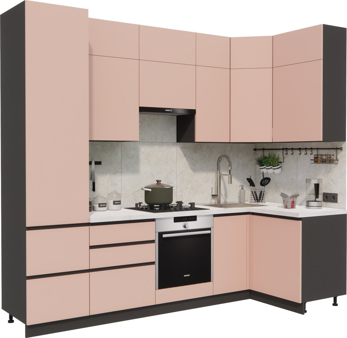 Готовая кухня ВерсоМебель Эко Премиум 1.2x2.7 правая (пудровый/ст. мрамор лацио) - фото