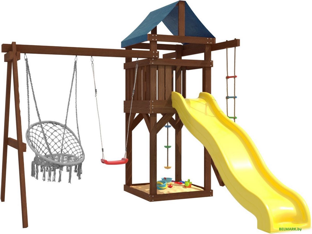 Игровой комплекс National Tree Company c качелями лодочка и подвесным плетеным креслом IgroWoods ДП-2 Premium - фото