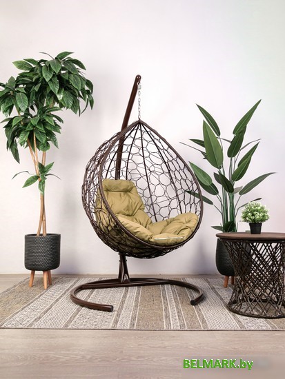 Подвесное кресло M-Group Капля 11020201 (коричневый ротанг/бежевая подушка) - фото2