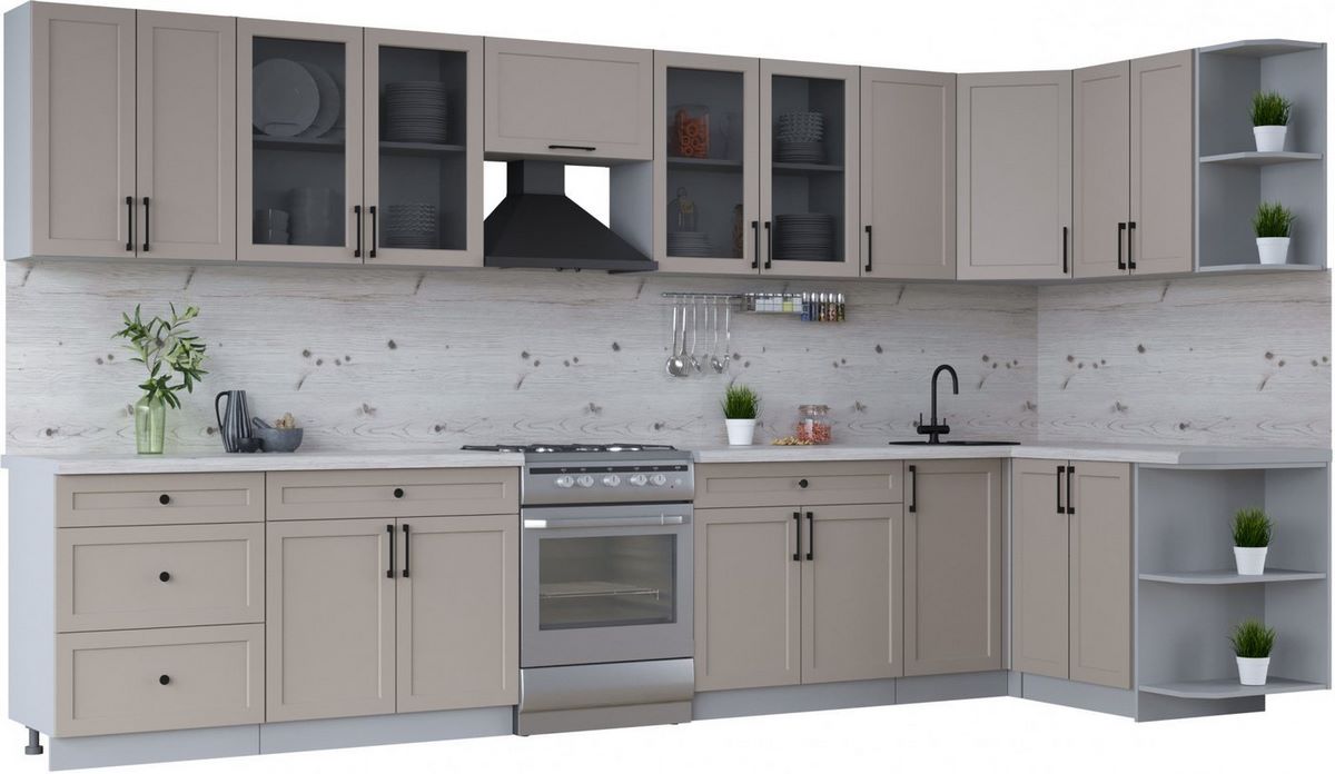 Готовая кухня Интерлиния Тренд 1.5x3.8 правая (луна/луна/бискайская сосна) - фото