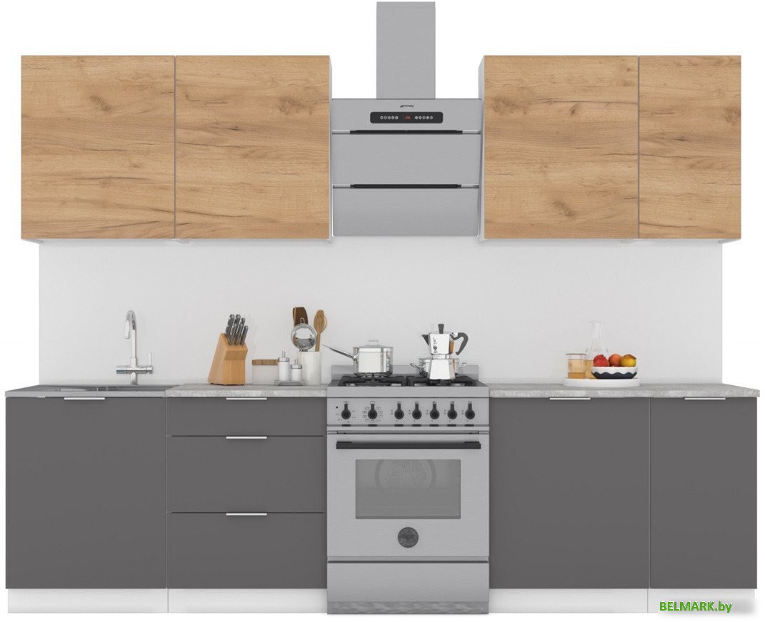 Готовая кухня Интермебель Микс Топ-7 2.2м (дуб крафт золотой/графит серый/мрамор лацио белый) - фото