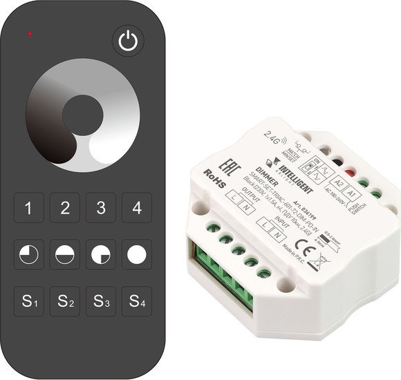 Диммер RGB Arlight Intelligent SMART-SET-TRIAC-601-72-DIM-PD-IN Black (230V, 1x1.5A, x4, ПДУ 10кн, 2.4G) 036199 - фото