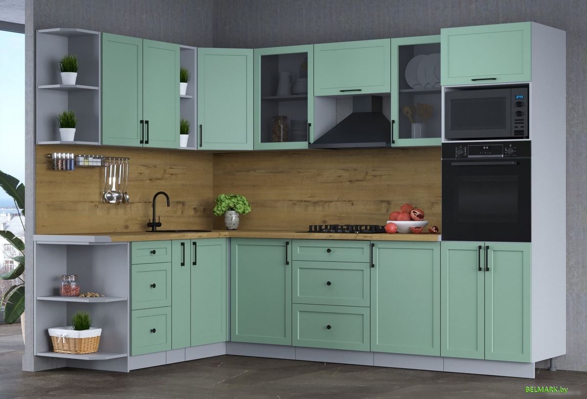 Готовая кухня Интерлиния Тренд 1.88x2.8 ВТ левая (мята/мята/дуб бунратти) - фото2