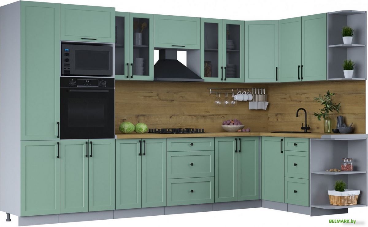 Готовая кухня Интерлиния Тренд 1.68x3.4 ВТ правая (мята/мята/дуб бунратти) - фото