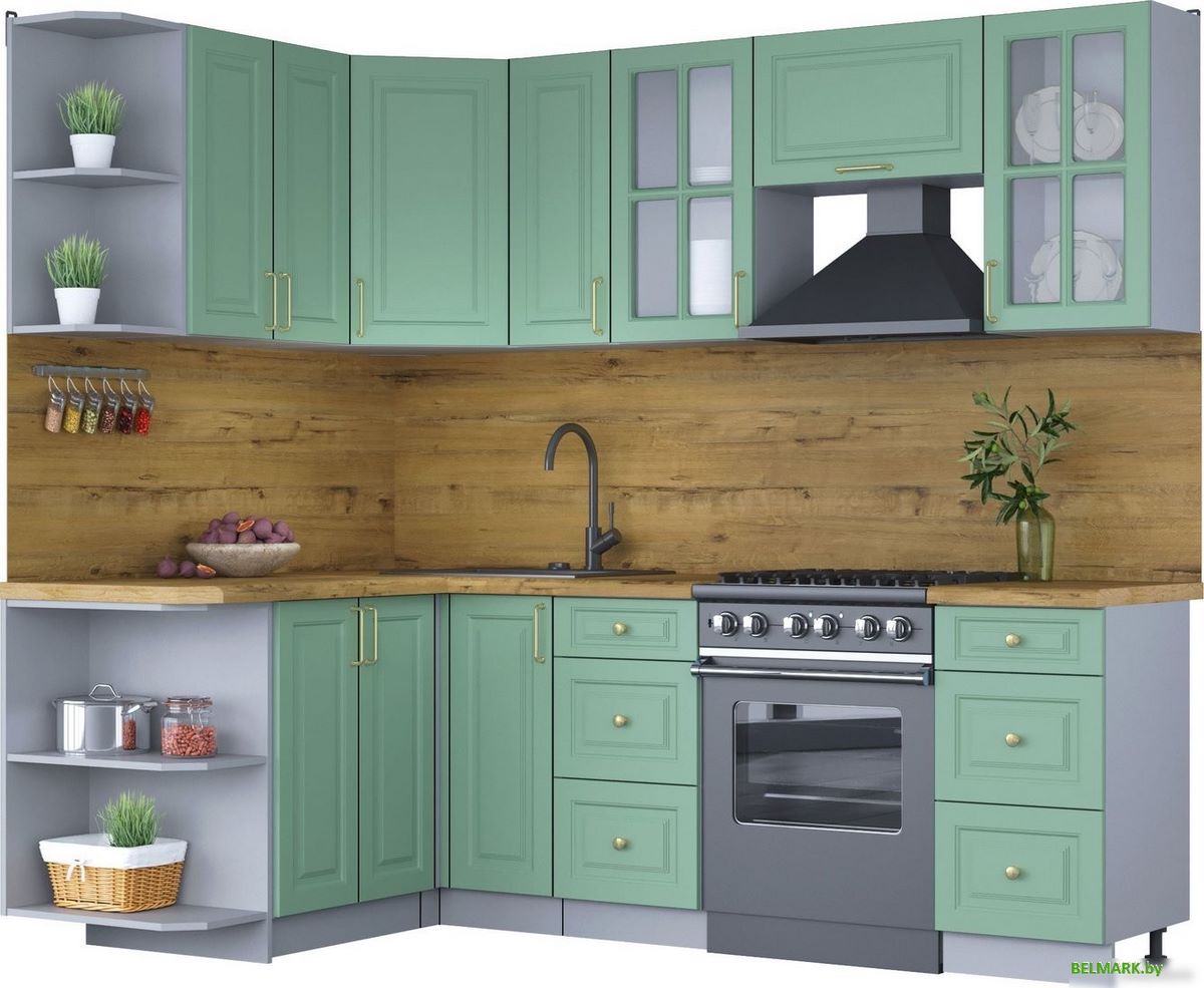 Готовая кухня Интерлиния Мила Шато 1.5x2.3 левая (мята/мята/дуб бунратти) - фото