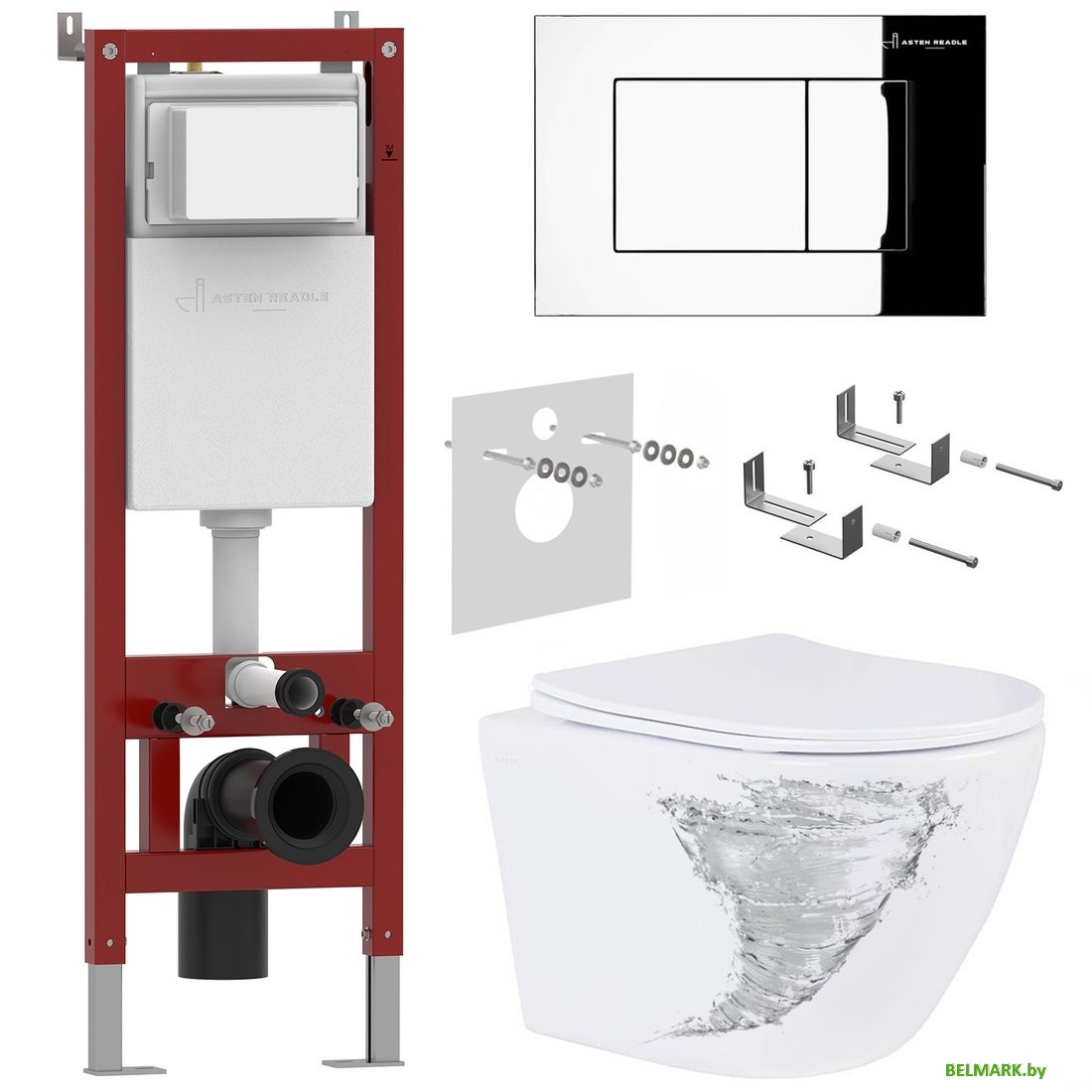 Унитаз подвесной Roxen Antares Tornado в комплекте с инсталляцией Asten Readle Zentralmodul с кнопкой (хром глянец) - фото