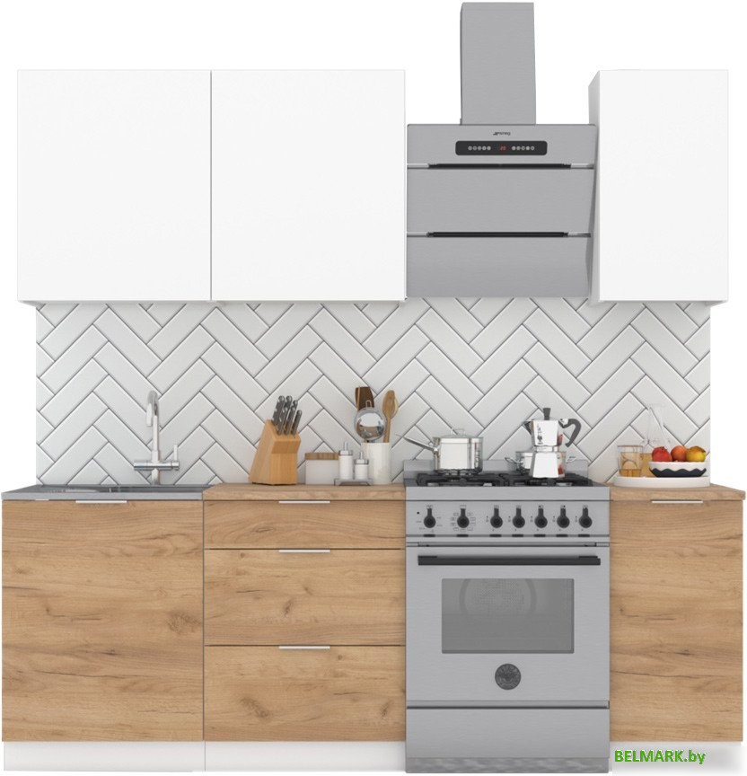 Готовая кухня Интермебель Микс Топ-2 1.6м (белый премиум/дуб крафт золотой/мрамор лацио белый) - фото