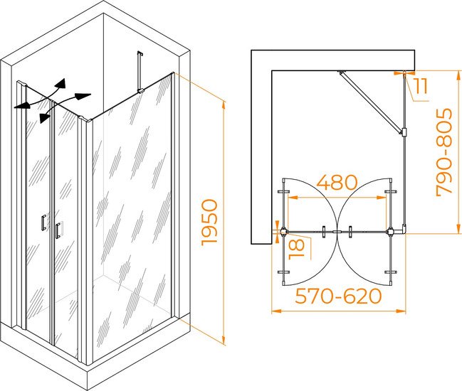 Душевой уголок RGW PA-144B (PA-104B+Z-050-2B+O-204B) 060814468-14 60x80 (черный/прозрачное стекло) - фото2