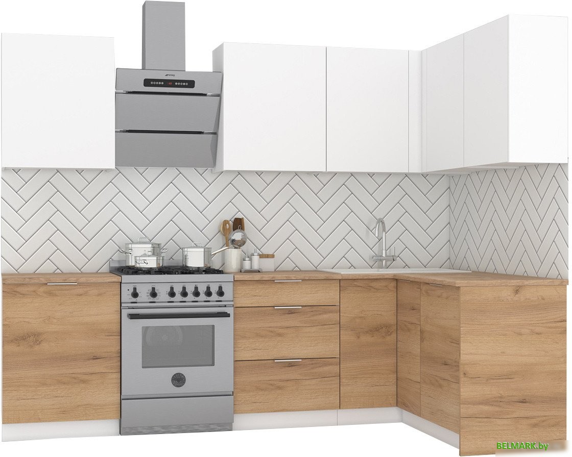 Готовая кухня Интермебель Микс Топ-23 2.1x1.42м правая (белый премиум/дуб крафт золотой/венато) - фото