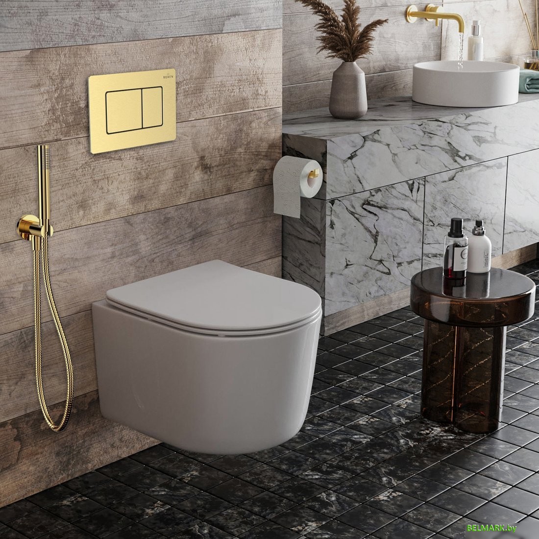 Унитаз подвесной Roxen Simple compact в комплекте с инсталляцией StounFix Dual Fresh 6 в 1 968480 (кнопка: брашированное золото) - фото2