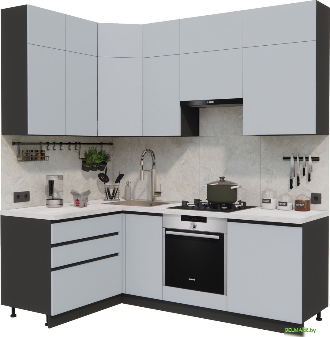 Готовая кухня ВерсоМебель Эко Премиум 1.4x2.2 левая (сумеречный голубой/ст. мрамор лацио) - фото