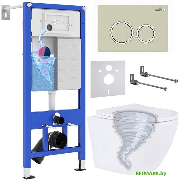 Унитаз подвесной Roxen Antares Tornado в комплекте с инсталляцией StounFix Dual Fresh 6 в 1 968346 (кнопка: пастель бежевый) - фото