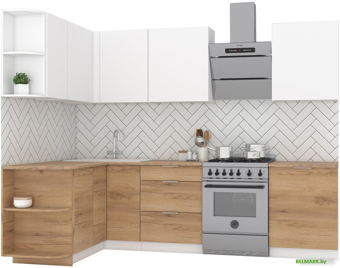 Готовая кухня Интермебель Микс Топ-13 2.1x1.5м левая (белый премиум/дуб крафт золотой/венато) - фото