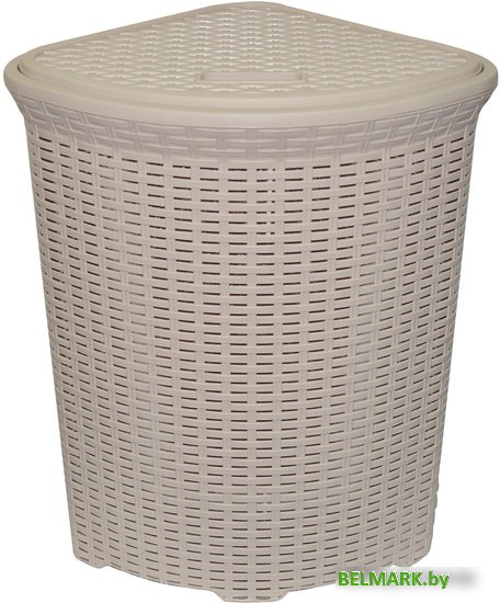 Корзина ВиолетПласт для белья угловая с крышкой 60 л Ротанг (латте) - фото