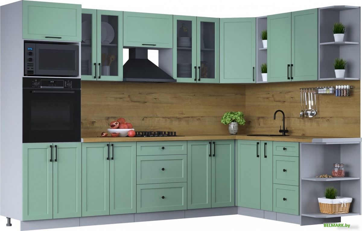 Готовая кухня Интерлиния Тренд 1.88x3.0 ВТ правая (мята/мята/дуб бунратти) - фото