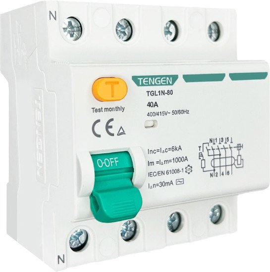 Устройство защитного отключения Tengen TGL1N-80 4P 40A 6kA 30mA AC 4M TEN320029 - фото