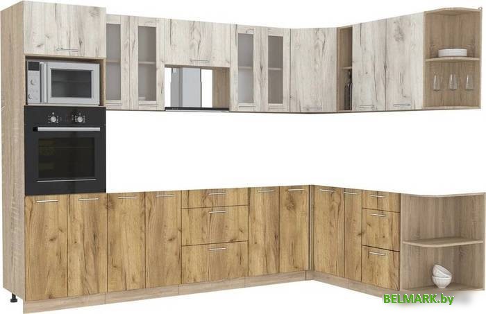 Готовая кухня Интерлиния Мила 1.88x3.0 правая без столешницы (дуб белый/дуб золотой) - фото