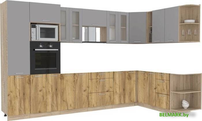 Готовая кухня Интерлиния Мила 1.88x3.4 правая без столешницы (серебристый/дуб золотой) - фото