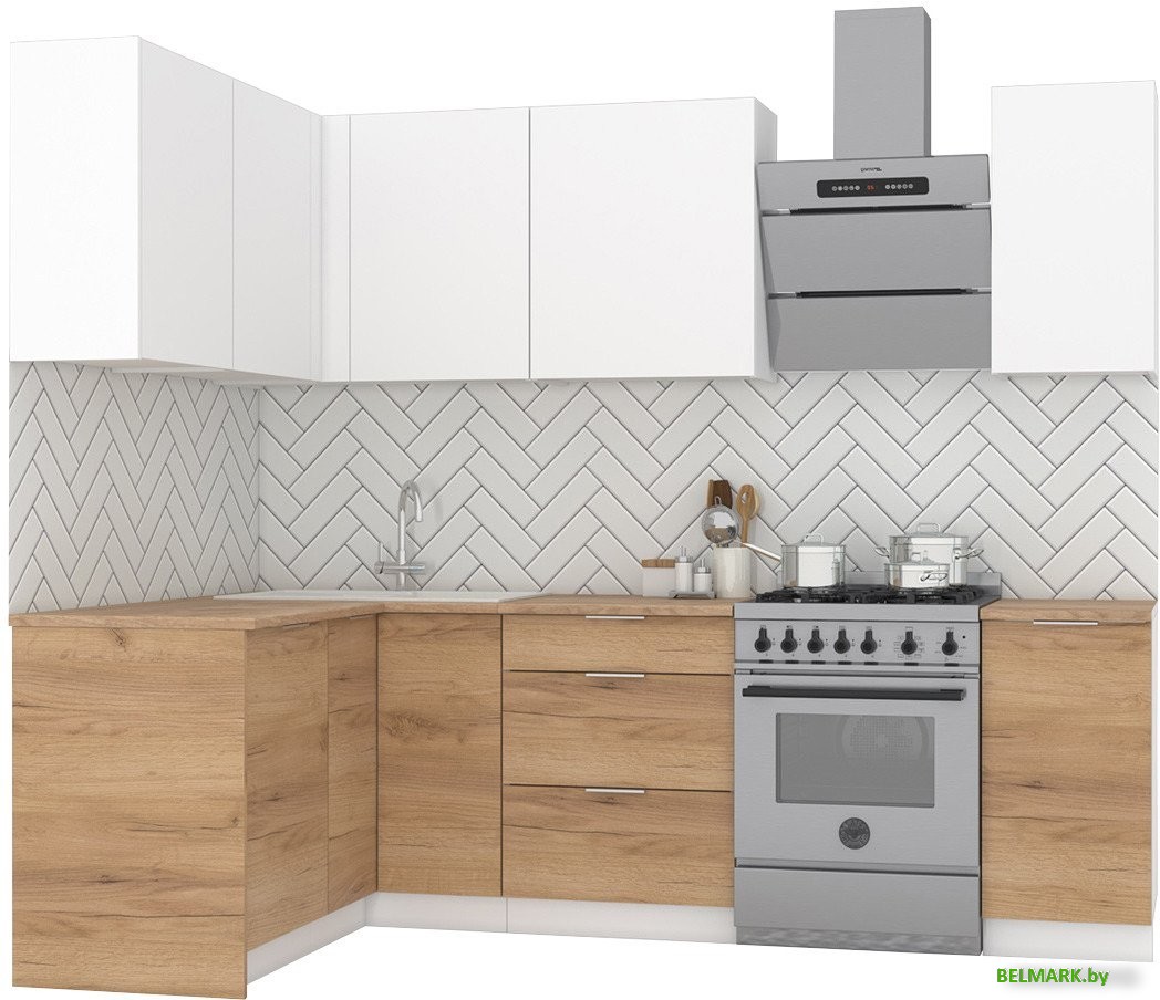 Готовая кухня Интермебель Микс Топ-21 1.9x1.42м левая (белый премиум/дуб крафт золотой/венато) - фото
