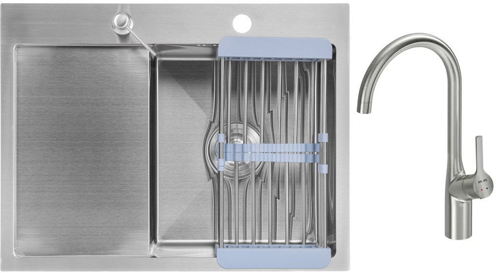 Кухонная мойка Saniteco 6550-R + Spike F9S07011 (сатин, с сифоном, дозатором и коландером) - фото