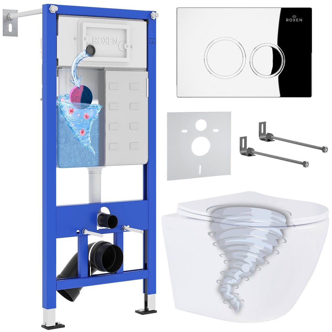 Унитаз подвесной Roxen Antares Tornado в комплекте с инсталляцией StounFix Dual Fresh 6 в 1 968340 (кнопка: хром глянцевый) - фото