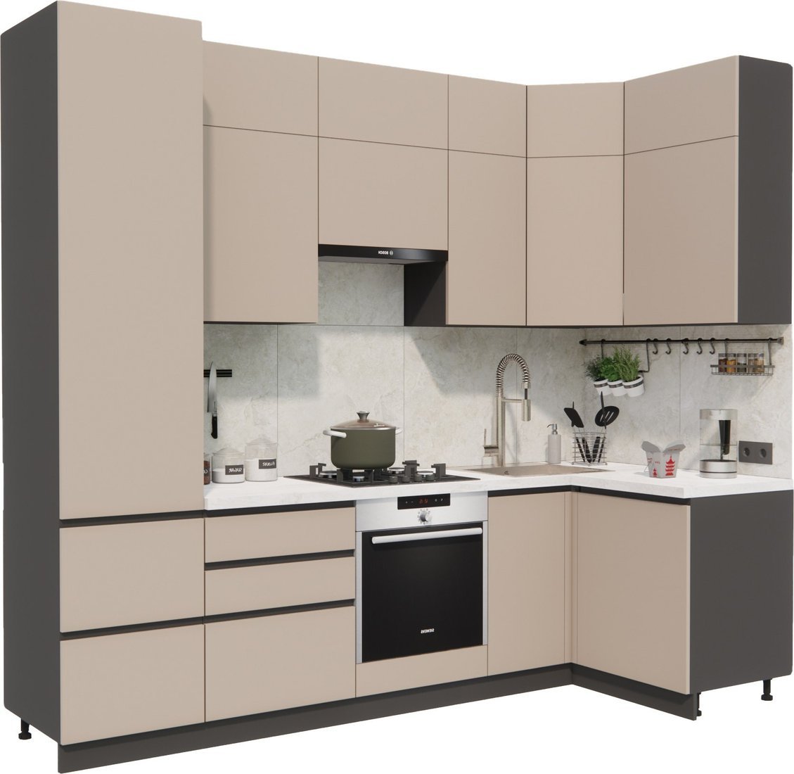 Готовая кухня ВерсоМебель Эко Премиум 1.2x2.7 правая (глиняный серый/ст. мрамор лацио) - фото