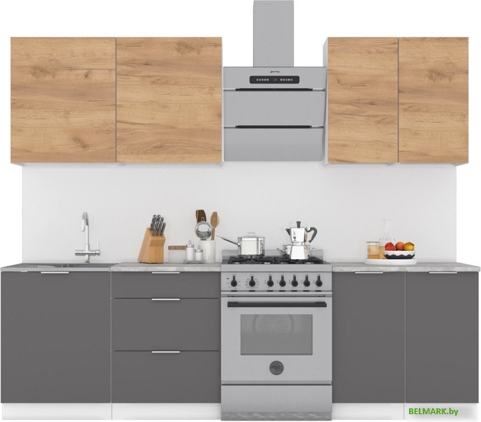 Готовая кухня Интермебель Микс Топ-5 2.0м (дуб крафт золотой/графит серый/мрамор лацио белый) - фото
