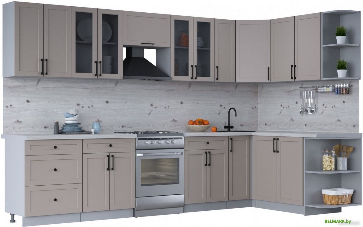 Готовая кухня Интерлиния Тренд 1.7x3.3 правая (луна/луна/бискайская сосна) - фото