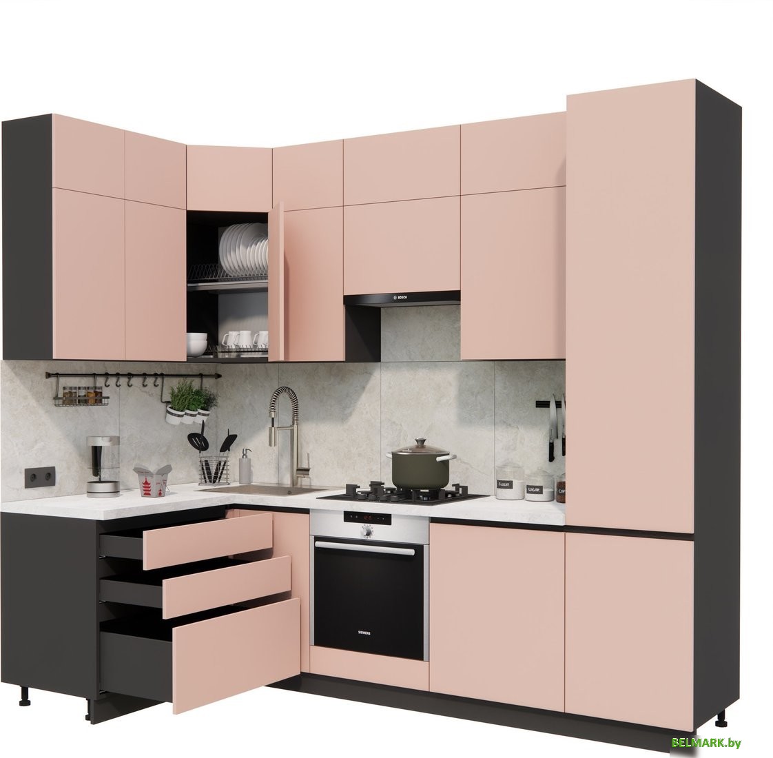 Готовая кухня ВерсоМебель Эко Премиум 1.4x2.7 левая (пудровый/ст. мрамор лацио) - фото2