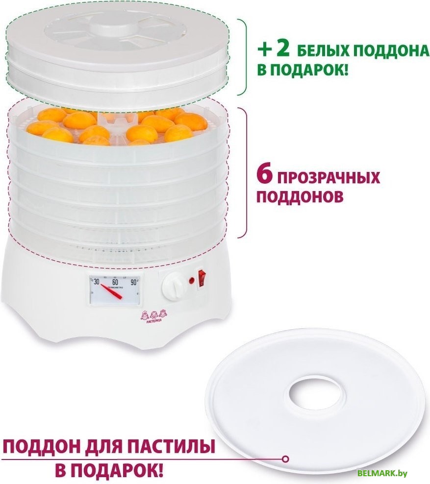 Сушилка для овощей и фруктов Мастерица EFD-0602VM (6 прозрачных поддонов + 2 белых поддона + поддон для пастилы) - фото2