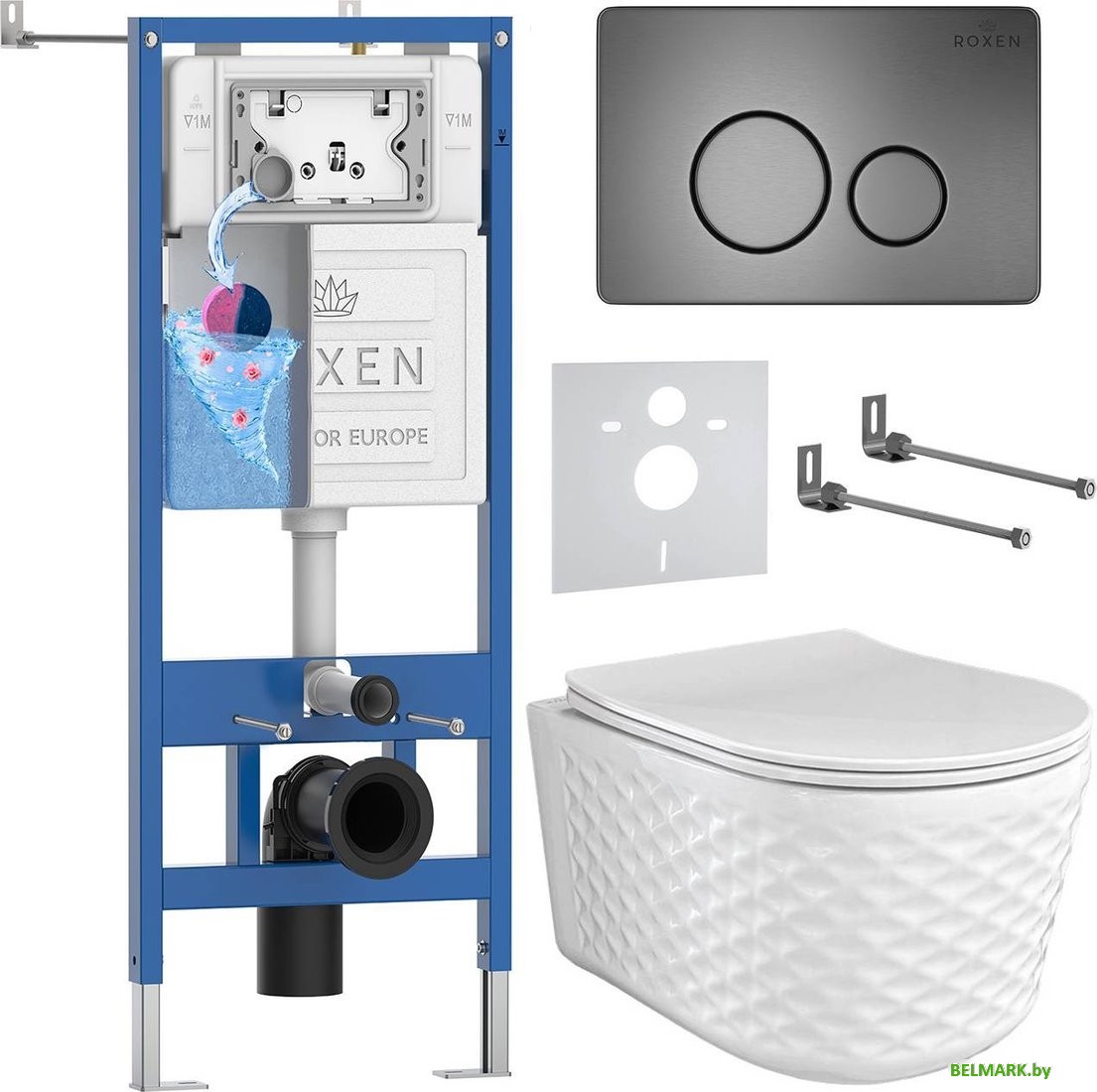 Унитаз подвесной Roxen Vine Tornado в комплекте с инсталляцией StounFix Dual Fresh 6 в 1 979020 (кнопка: оружейная сталь/металл) - фото