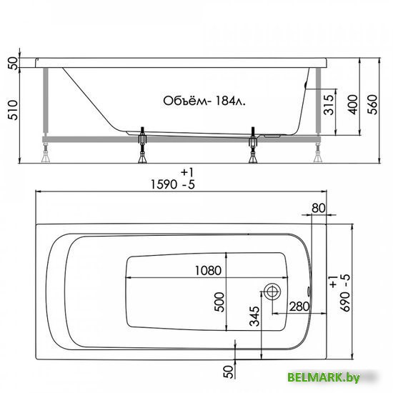 Ванна 1AcReal Gamma 160x70 (с ножками и экраном) - фото2