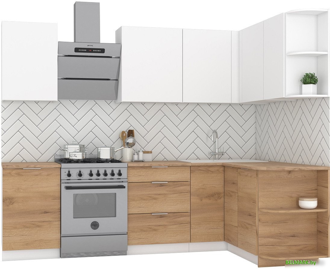 Готовая кухня Интермебель Микс Топ-12 2x1.5м правая (белый премиум/дуб крафт золотой/венато) - фото