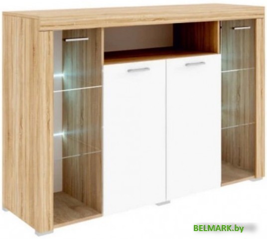 Комод Памир Орландо с витриной (дуб сонома-белый глянец) - фото