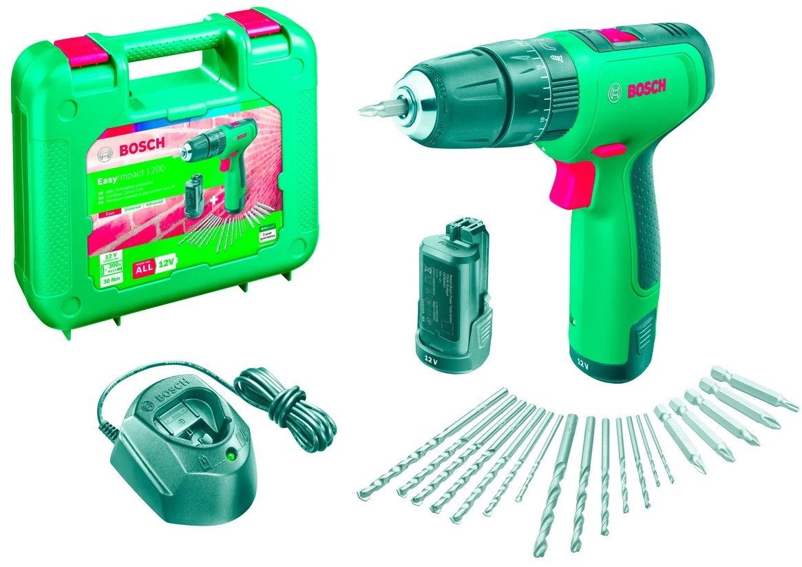 Ударная дрель-шуруповерт Bosch EasyImpact 1200 06039D3105 (с 2-мя АКБ, кейс, набор оснастки) - фото
