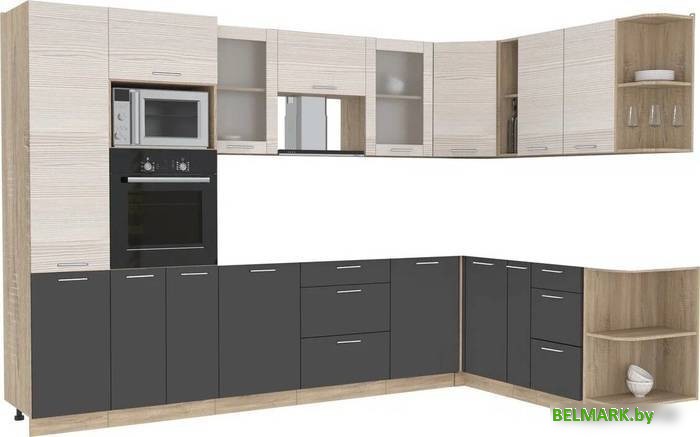 Готовая кухня Интерлиния Мила 1.88x3.2 правая без столешницы (вудлайн кремовый/антрацит) - фото