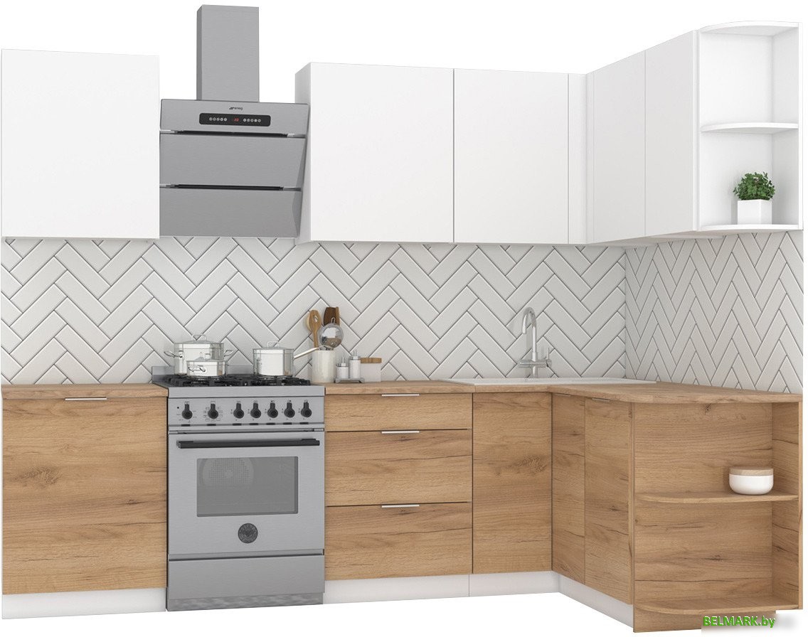 Готовая кухня Интермебель Микс Топ-13 2.1x1.5м правая (белый премиум/дуб крафт золотой/венато) - фото