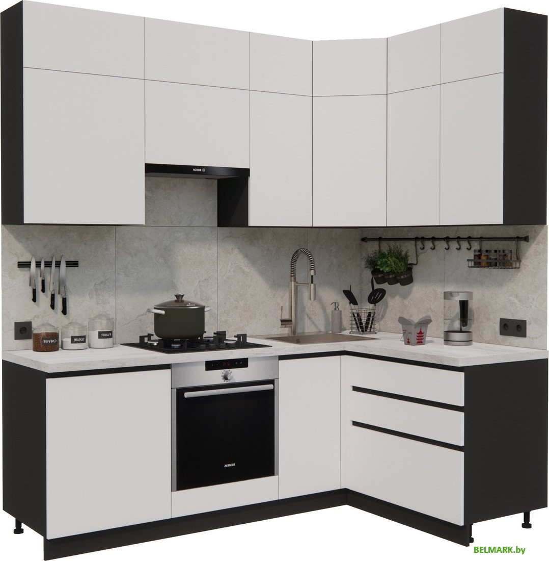 Готовая кухня ВерсоМебель Эко Премиум 1.4x2.2 правая (белый фасадный/ст. мрамор лацио) - фото