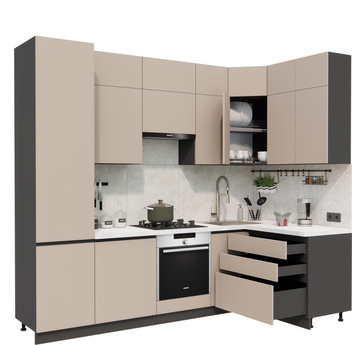 Готовая кухня ВерсоМебель Эко Премиум 1.4x2.7 правая (глиняный серый/ст. мрамор лацио) - фото2