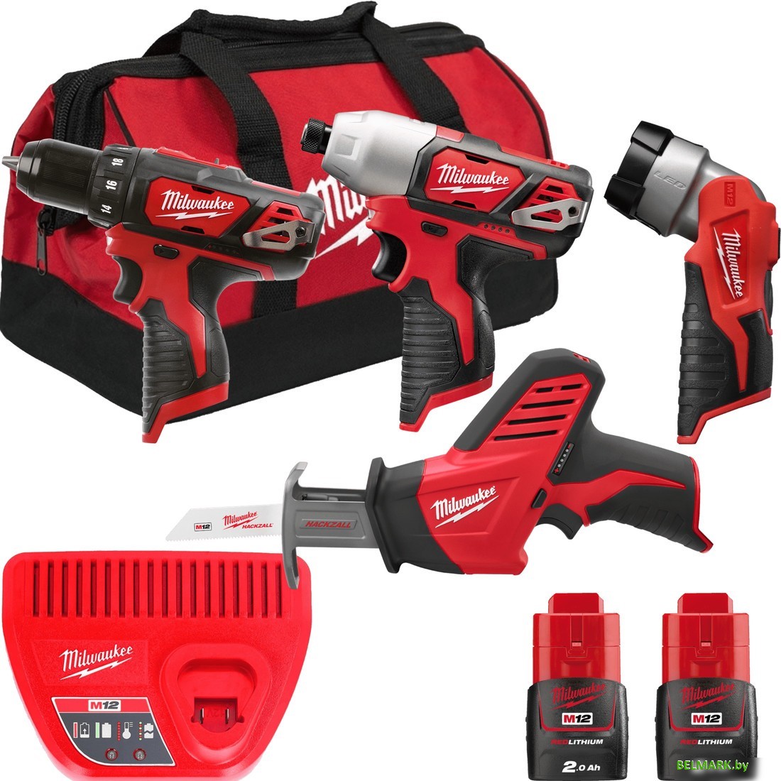 Milwaukee M12 M12BPP4A-202B 4933441240 (шуруповерт, винтоверт, фонарик, сабельная пила, 2 АКБ, сумка) - фото