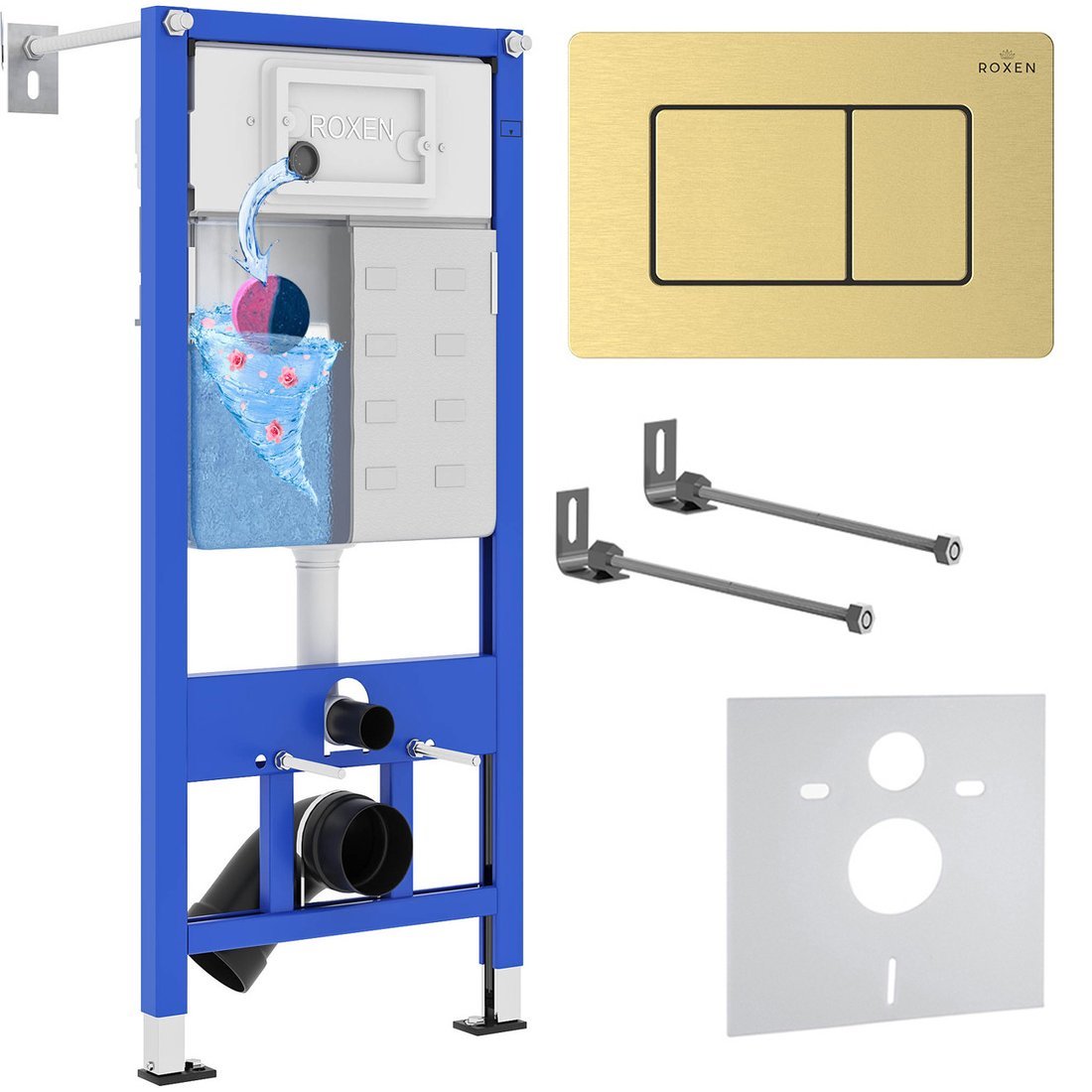 Инсталляция для унитаза Roxen StounFix Dual Fresh 968409 (c аромадозатором) с кнопкой (брашированное золото) - фото