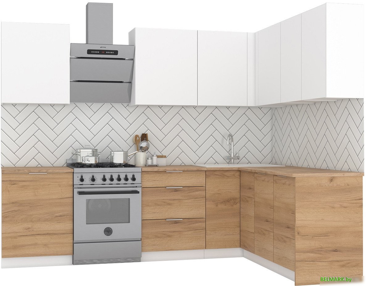 Готовая кухня Интермебель Микс Топ-26 2.1x1.52м правая (белый премиум/дуб крафт золотой/венато) - фото