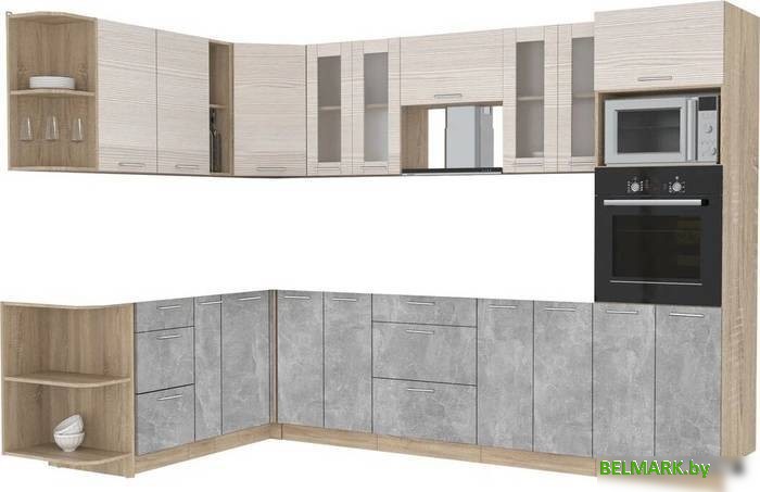 Готовая кухня Интерлиния Мила 1.88x3.0 левая без столешницы (вудлайн кремовый/бетон) - фото